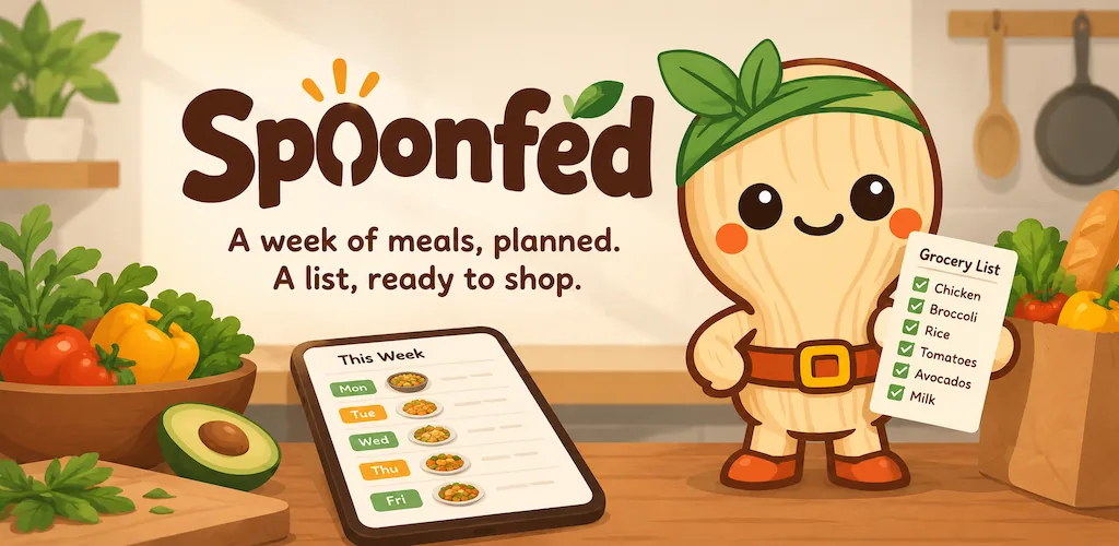 Sage holding a grocery list beside a phone showing the week's dinners, with the words: a week of meals, planned; a list, ready to shop
